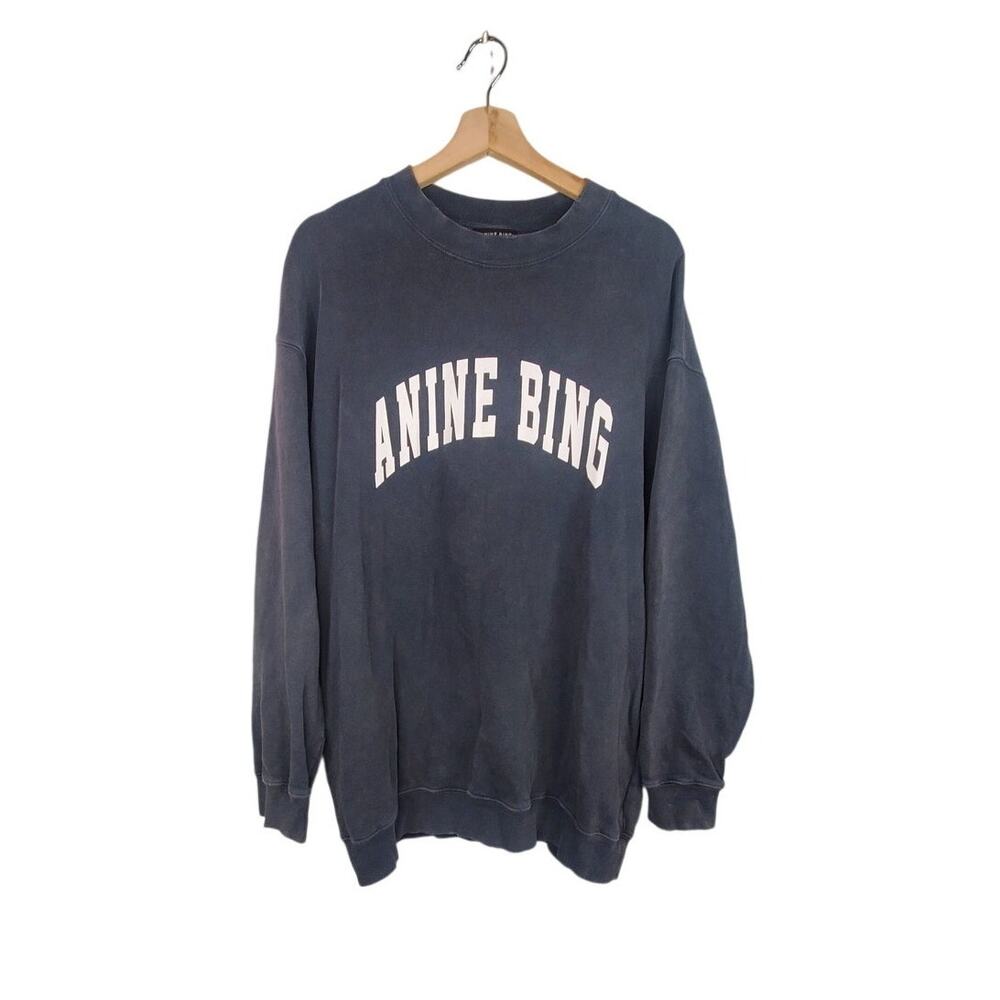 Anine Bing Tyler Crewneck Sweatshirt Washed Black Gray 100% Cotton Logo Size XS